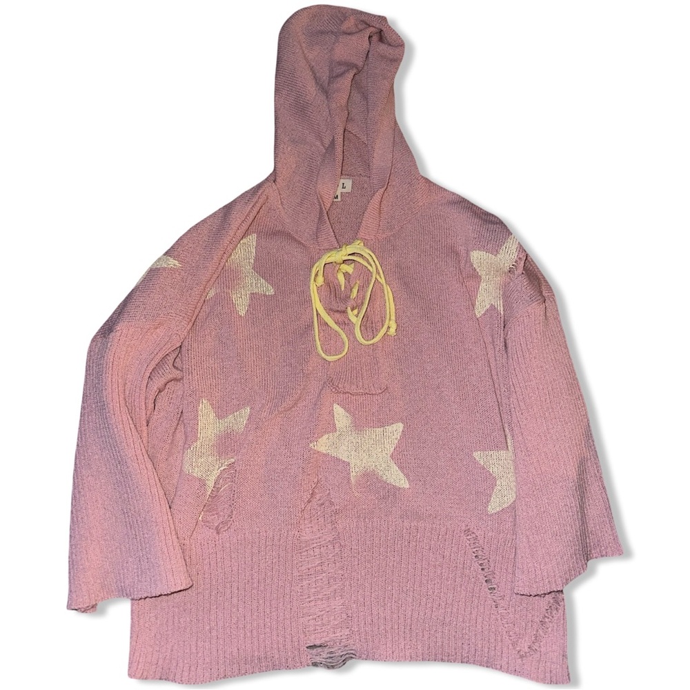 POL Light Pink Star Pattern Distressed Hoodie Sweater Size Medium - Picture 3 of 6